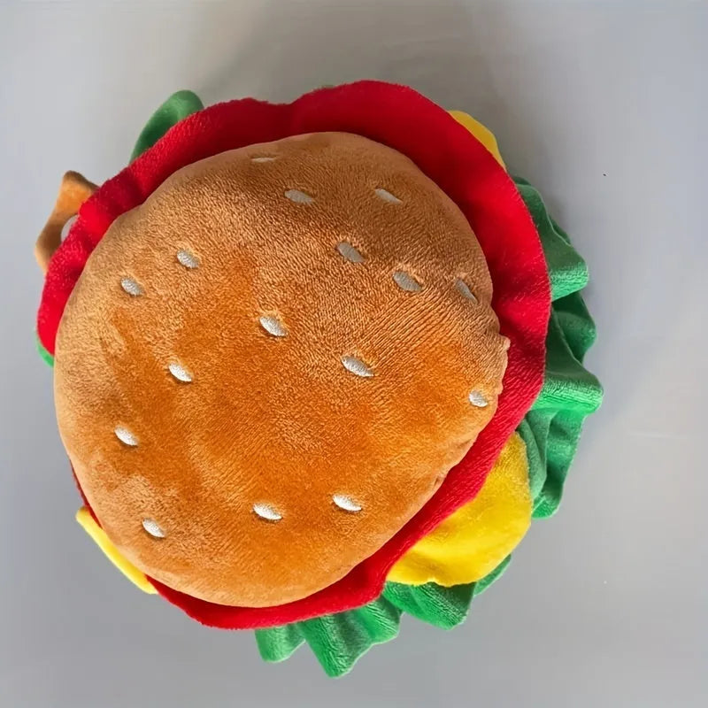 Burger-shaped cat headdress collar in three sizes with soft foam lining and adjustable fastening