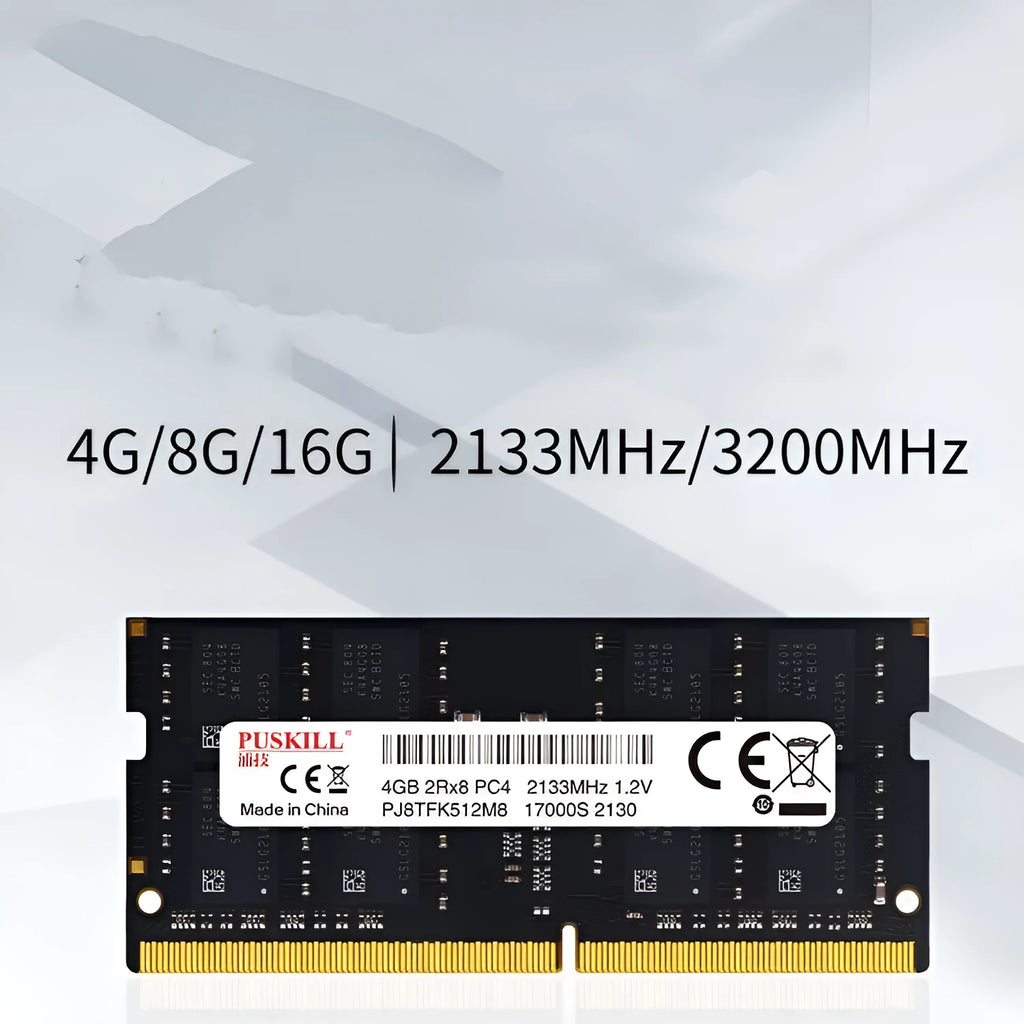 Single DDR4 laptop memory bar (SODIMM) for RAM upgrade, 260-pin, showing label with capacity and speed.