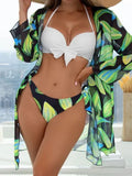 Women's three-piece bikini swimsuit with mesh split panel design in quick-drying polyester fabric