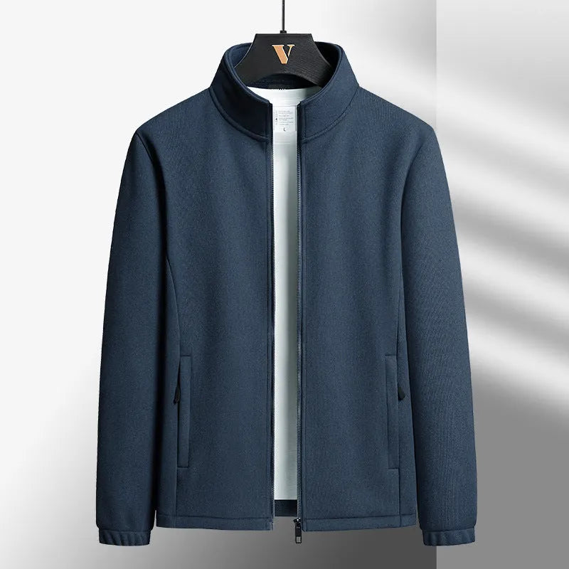 Men's grey Berber fleece cardigan coat with stand-up collar and zippered pockets