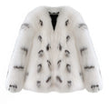 Black and white raccoon pattern faux fur coat on a model, short length, plus size Korean street fashion style.