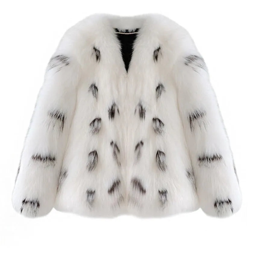 Black and white raccoon pattern faux fur coat on a model, short length, plus size Korean street fashion style.