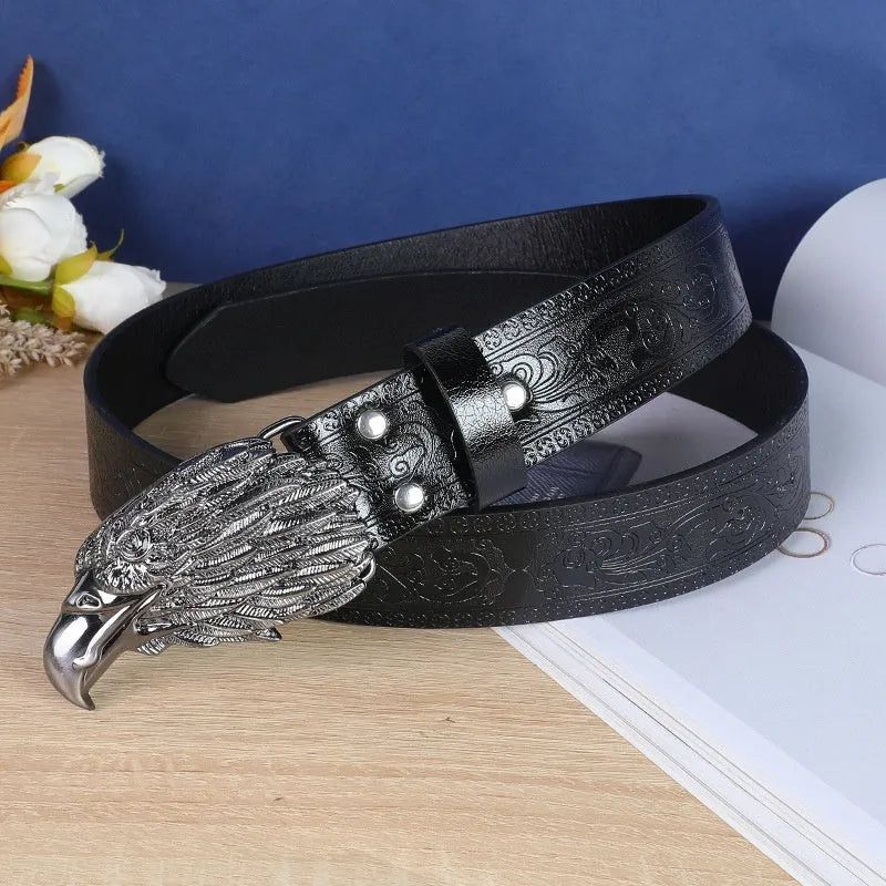 Men's black cow head buckle belt with detailed alloy casting on an imitation leather strap.