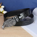 Men's black cow head buckle belt with detailed alloy casting on an imitation leather strap.