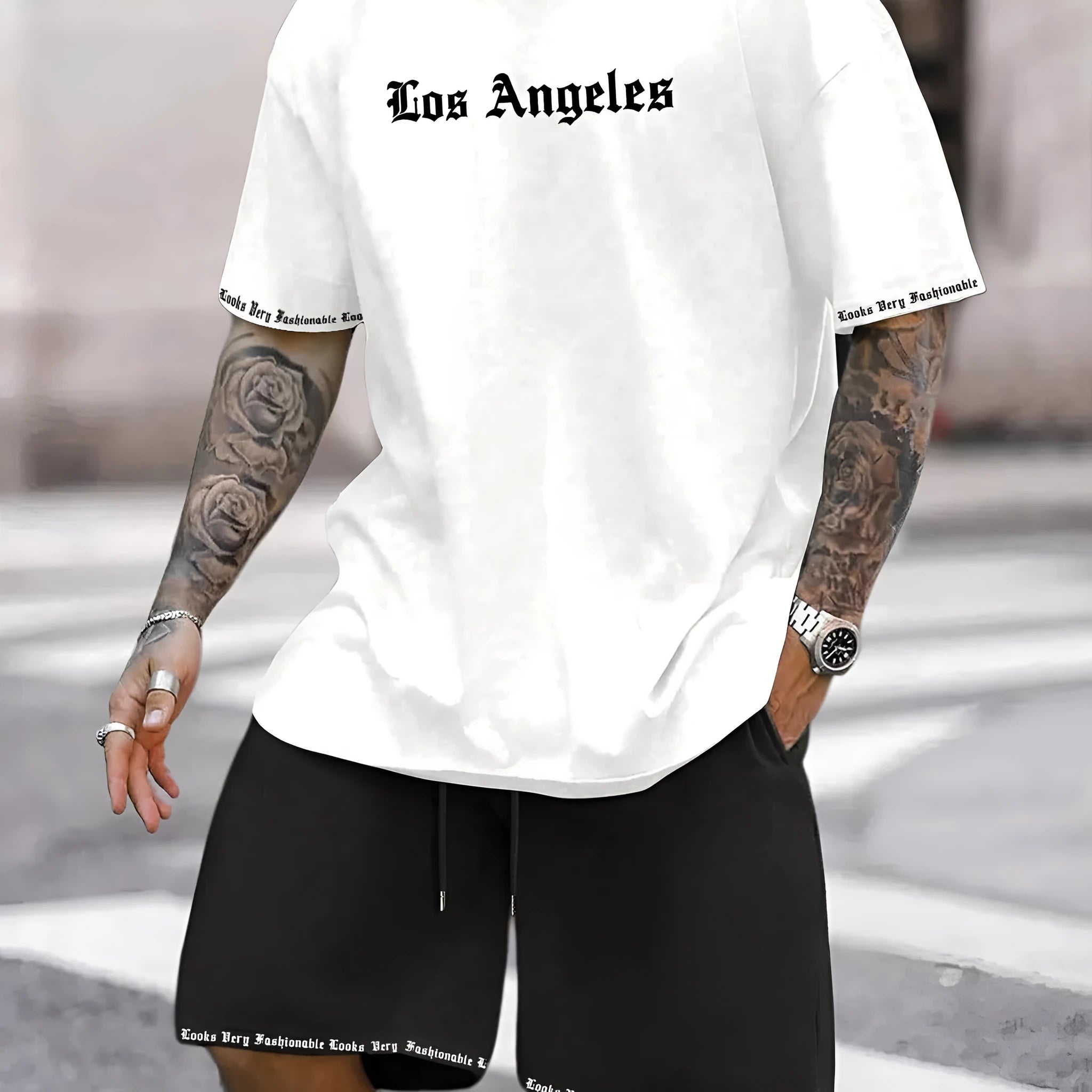 Men's blue short sleeve shirt and matching shorts casual sports outfit