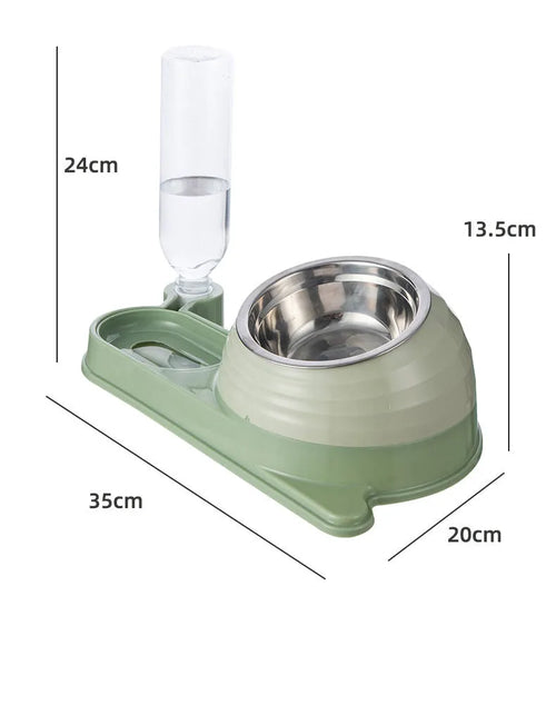 Brown elevated cat food bowl with attached water bottle dispenser on a white background.