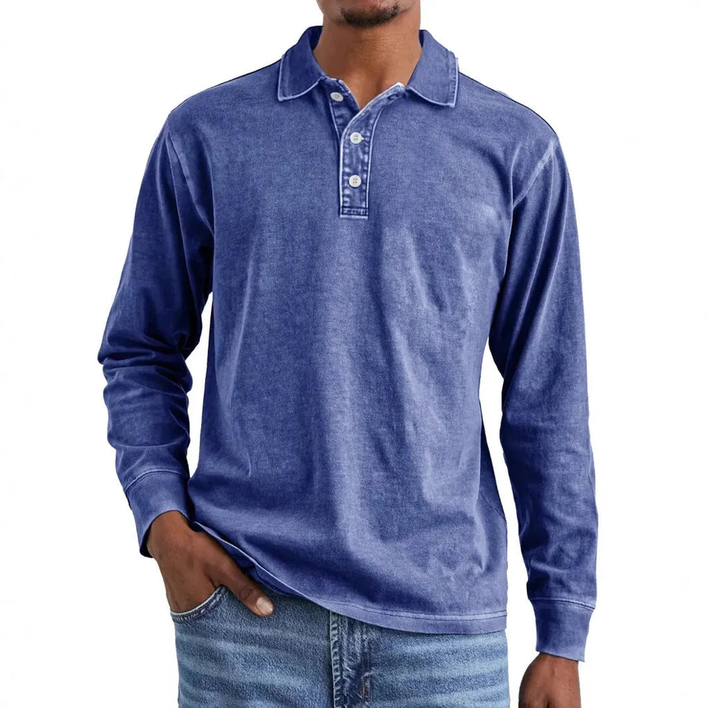 Retro washed distressed cotton lapel long sleeve polo shirt in pure cotton fabric