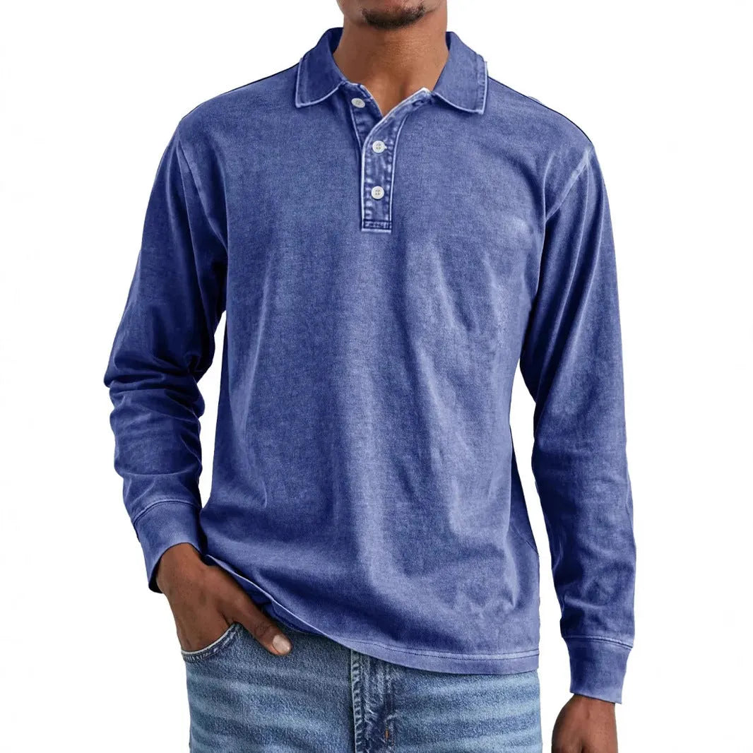 Retro washed distressed cotton lapel long sleeve polo shirt in pure cotton fabric
