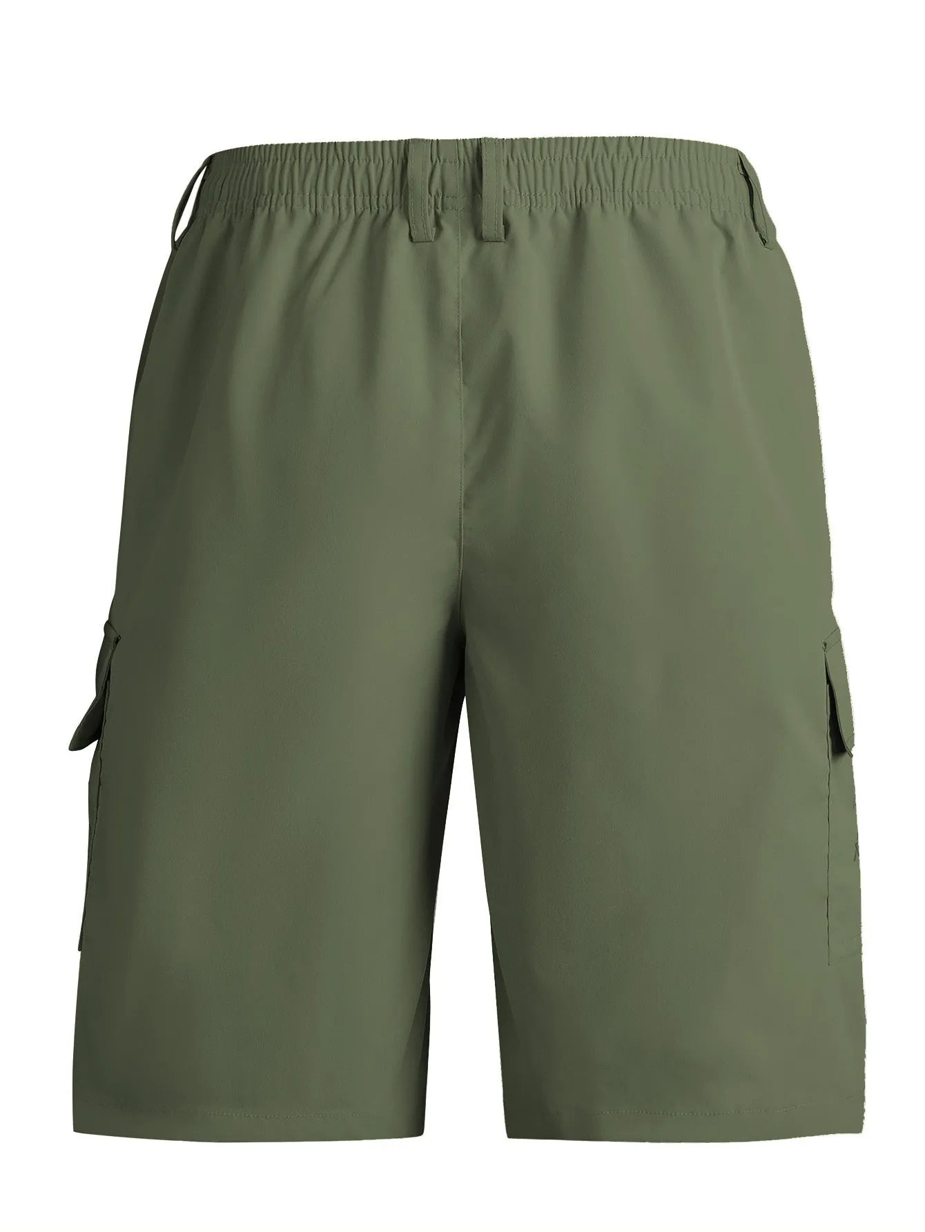 Man wearing loose straight-leg casual shorts in polyester, shown in khaki colour, demonstrating the American sporty style fit.