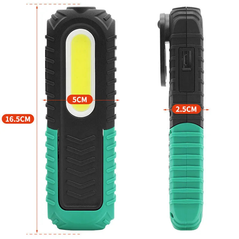 Black and green auto repair work light with USB charging port and 165mm length