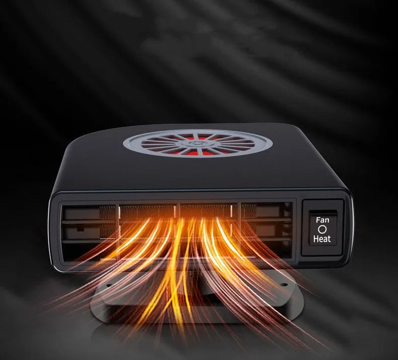 Black ABS plastic vehicle-mounted heater with adjustable vents, shown with double-sided adhesive mount.