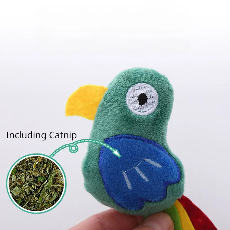 Cow parrot shape plush cat toy with catnip filling for interactive play