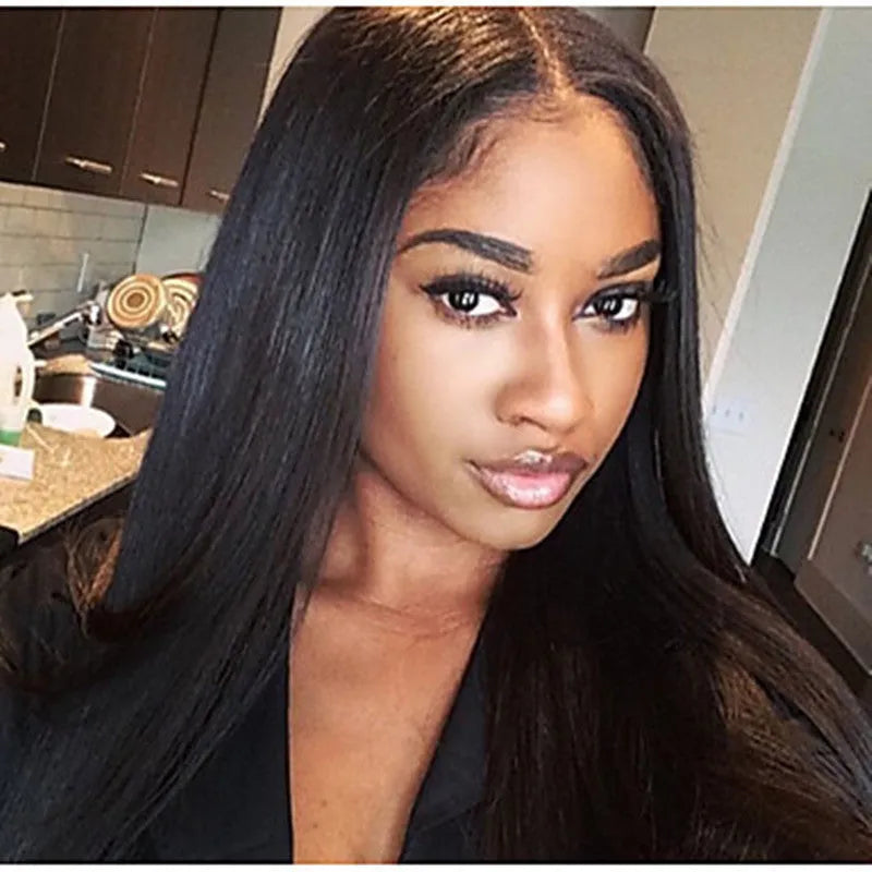 Women's long straight black wig with centre-parted bangs made from high-temperature fibre