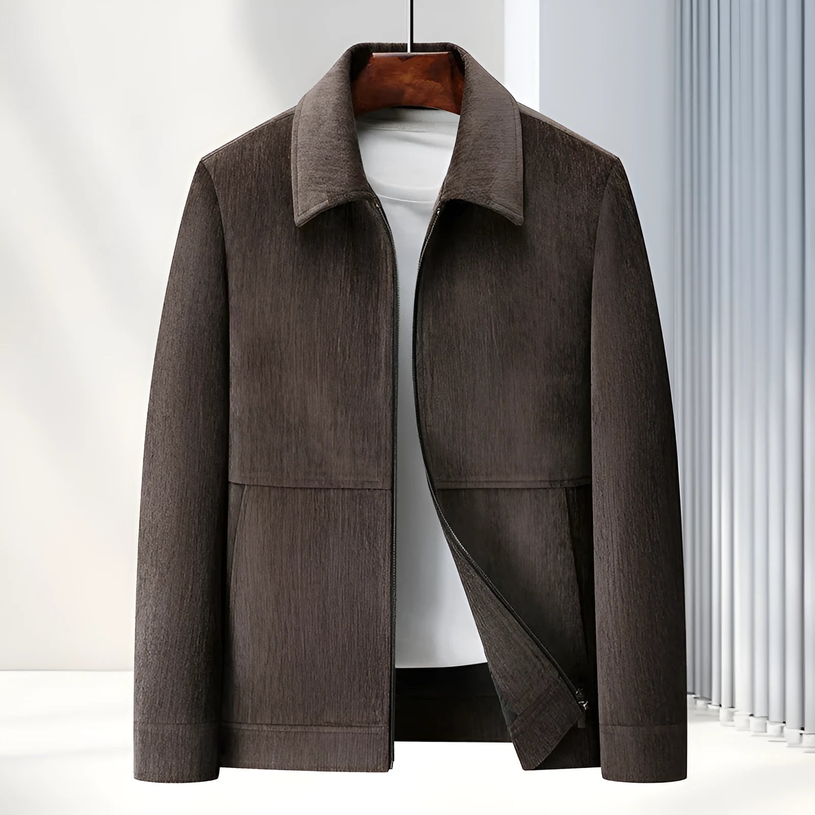 Men's slim fit lapel casual jacket in Vinylon fabric, shown in black, brown, caramel, or dark blue.