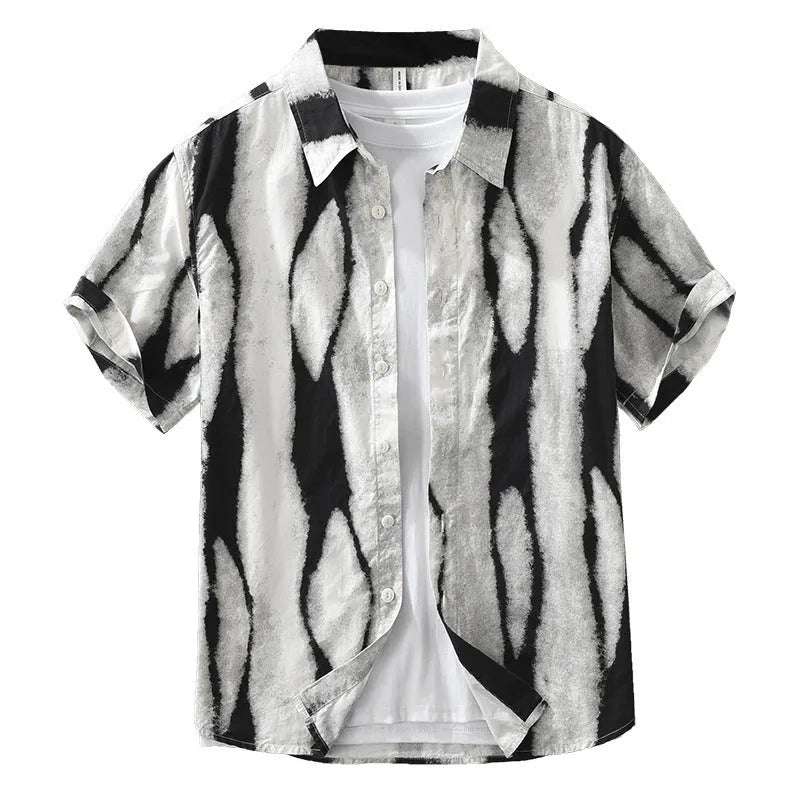 Retro striped short sleeve shirt in pure cotton fabric showing black and brown colour options