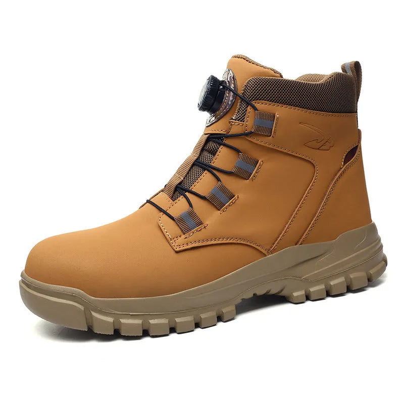 Leather safety work boots with rubber soles in black, yellow, and grey colour options.