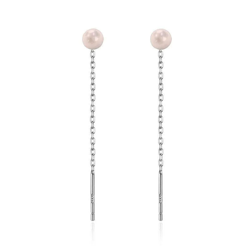 Sterling silver threaded charm earrings showing twelve design variations including pearls, zircon, clay balls, and geometric shapes