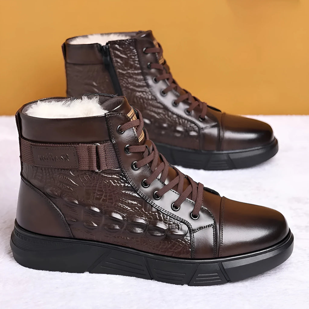 Black genuine leather snow boots with fur lining and lace-up front