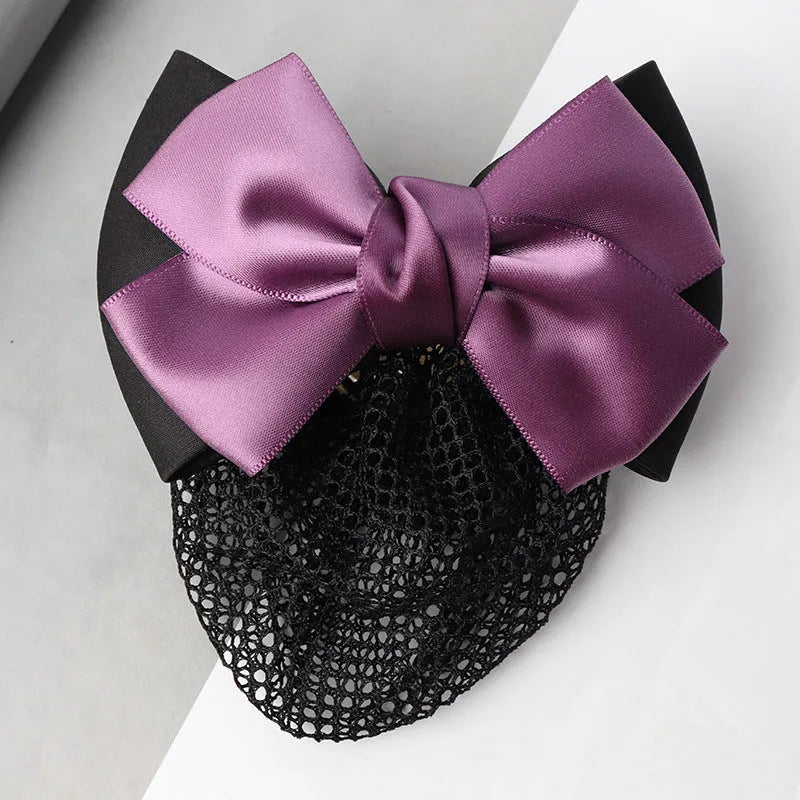 Professional waitress hair net with double bow clip in various colours including black, red, and blue mesh