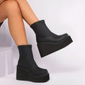 Plus size women's black wedge heel boots with round toe and waterproof platform sole