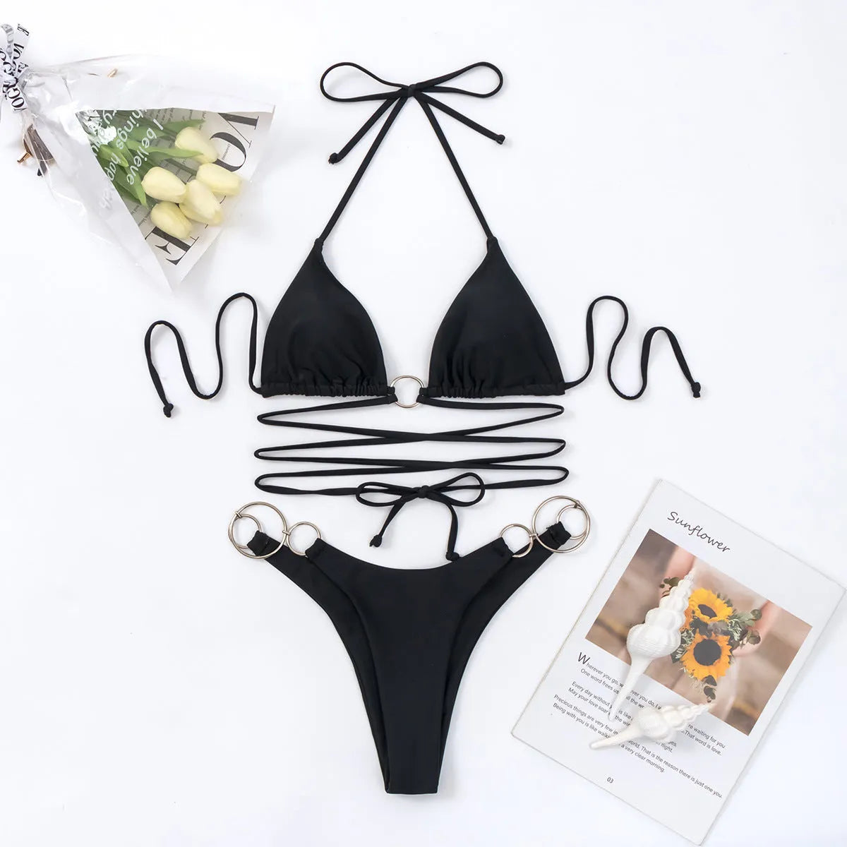 Black women's bikini set with long adjustable straps featuring metal rings, shown front and back.