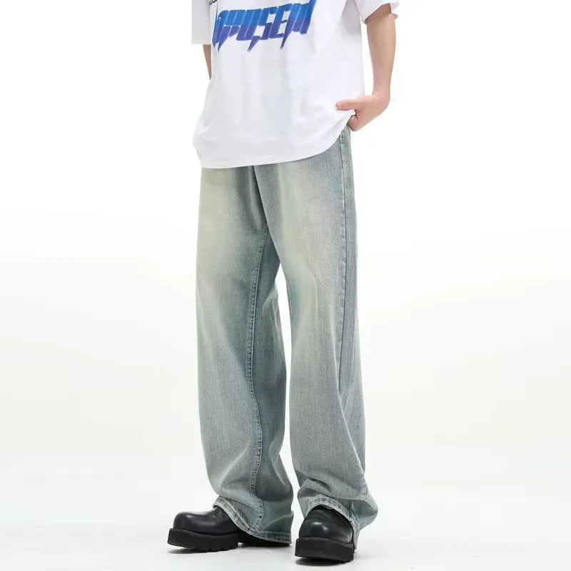 Blue retro-style loose fit trousers made from rabbit fur fabric on a neutral background.