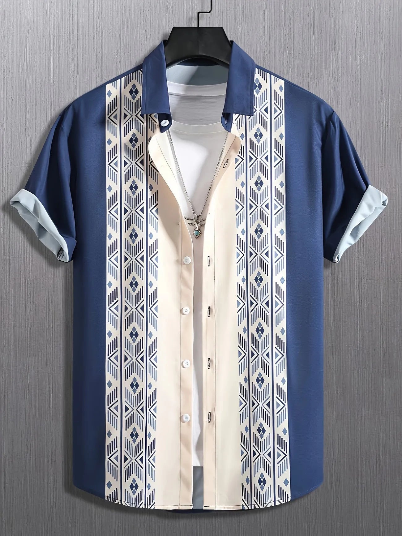 Men's loose plaid short-sleeve shirt with lapel collar on a hanger