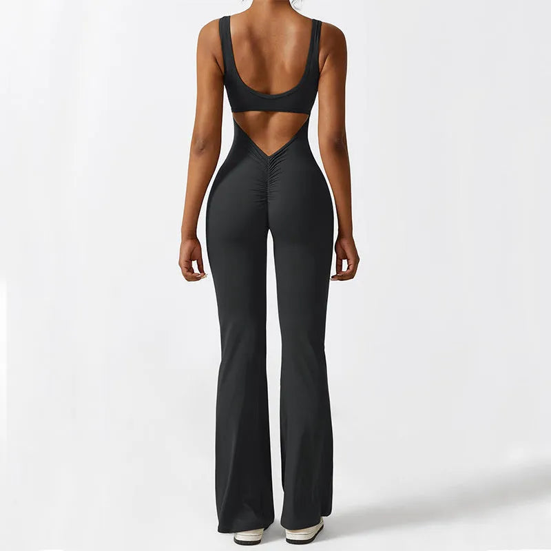 Women's sleeveless flare jumpsuit long pants in Army Green colour for yoga fitness.