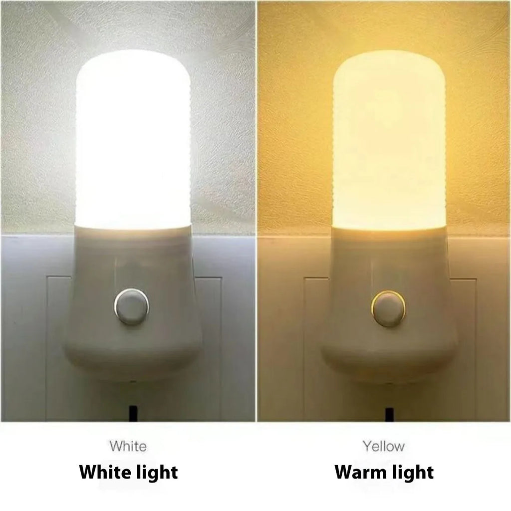 Minimalist plug-in bedside night light with dual colour switch showing white and warm light options