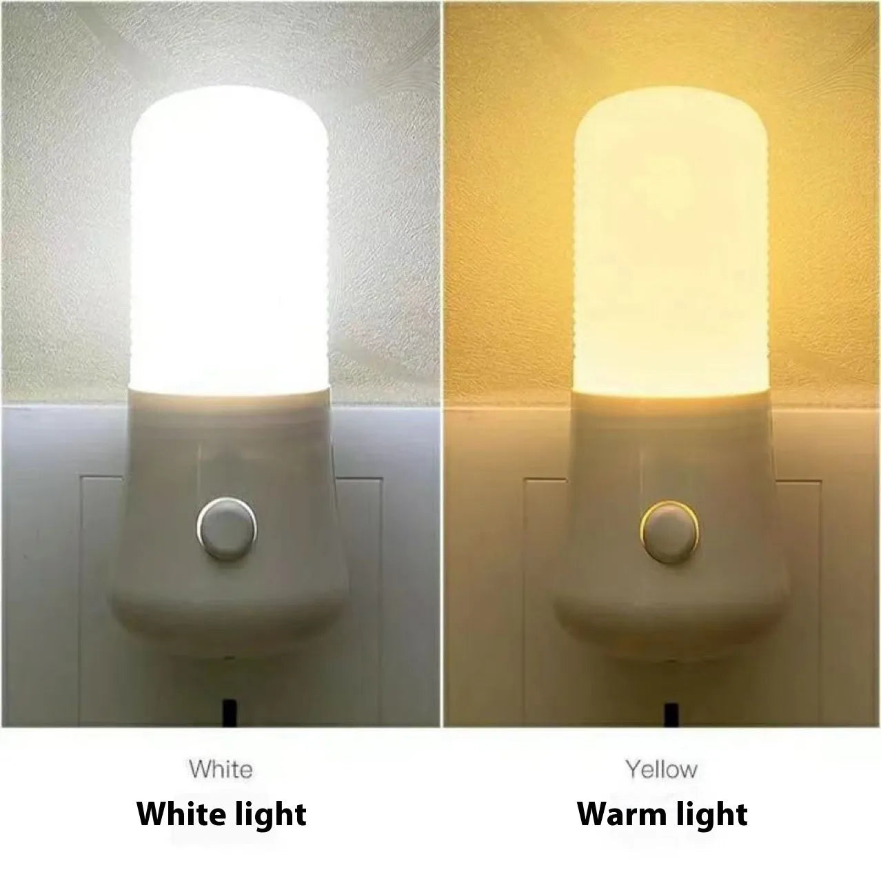 Minimalist plug-in bedside night light with dual colour switch showing white and warm light options