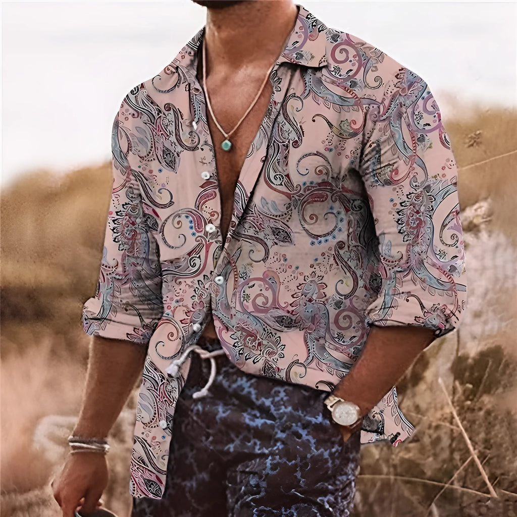 Men's loose fit bohemian style shirt with a detailed 3D floral pattern and long sleeves.
