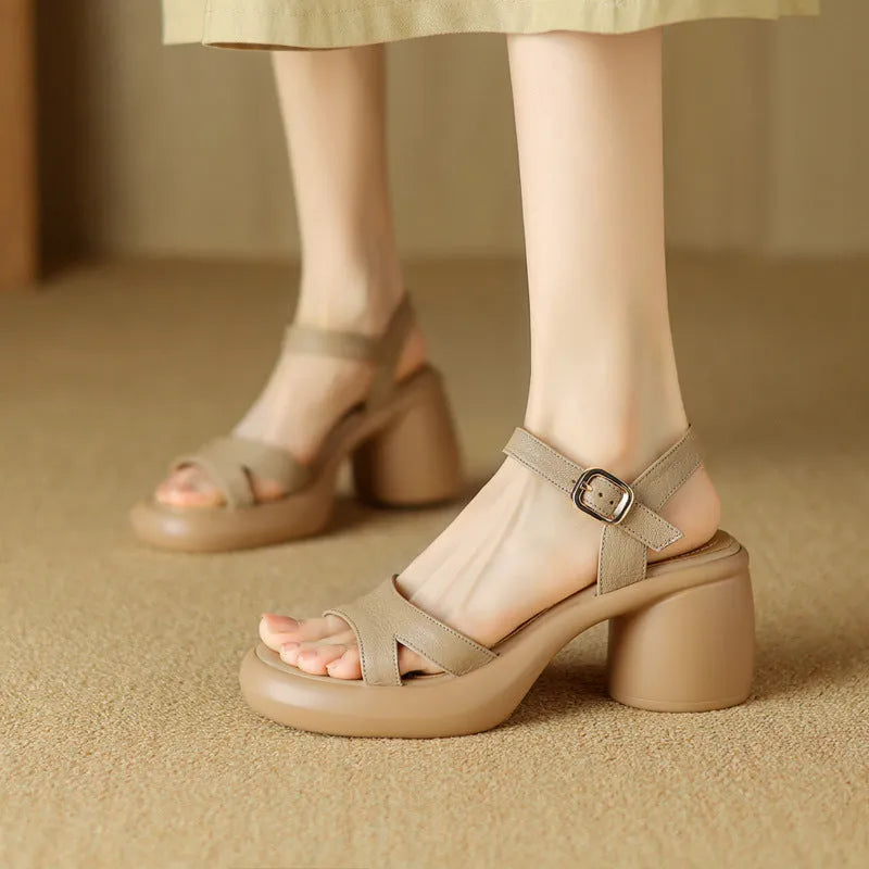 Women's open toe platform wedge sandals in apricot beige colour with a microfiber upper.