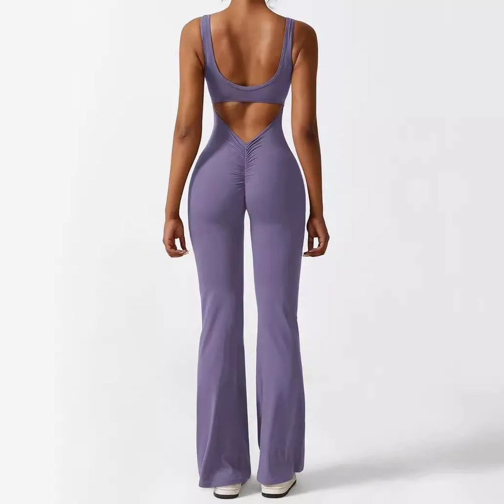 Women's sleeveless flare jumpsuit long pants in Army Green colour for yoga fitness.