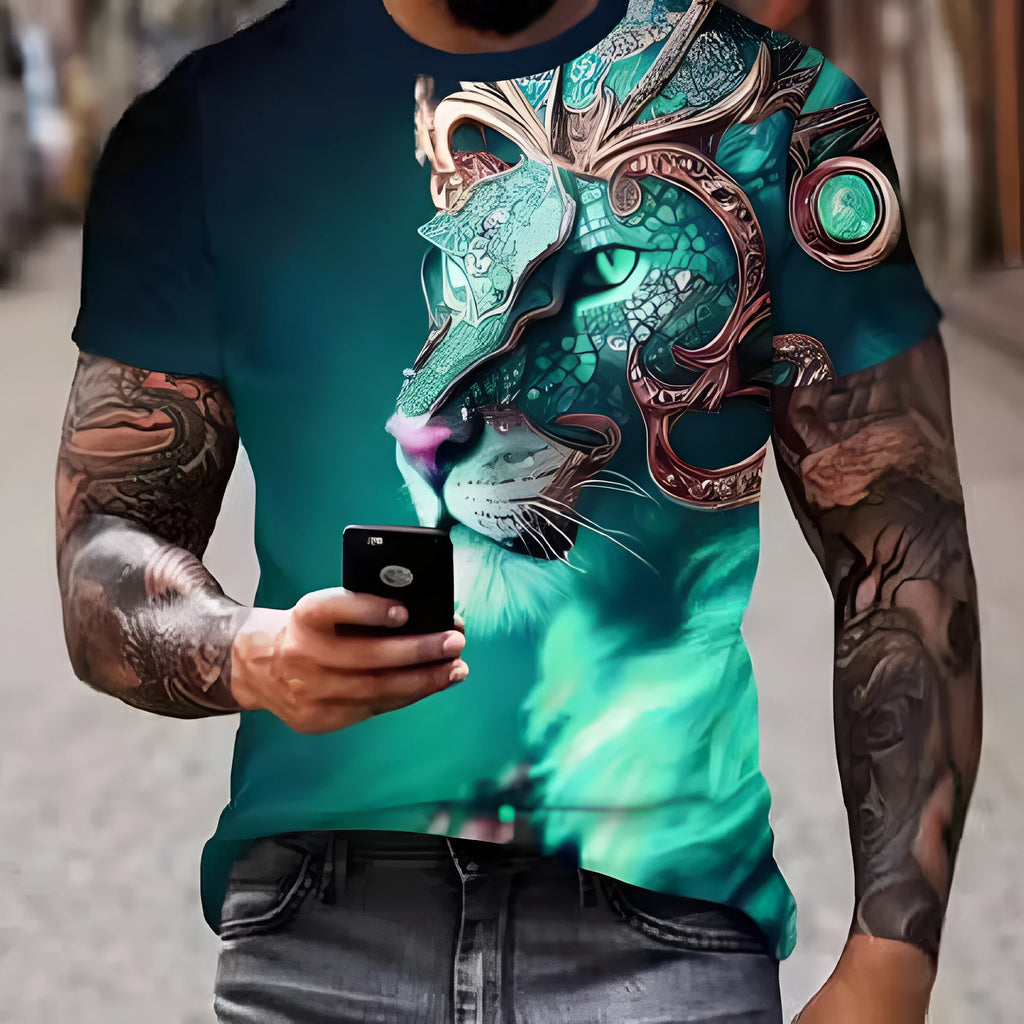 Men's grey T-shirt with raised 3D lion design print on chest, showing dimensional animal graphic