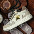 Cowhide leather low-top platform running shoes in beige with round toe and lace-up front.