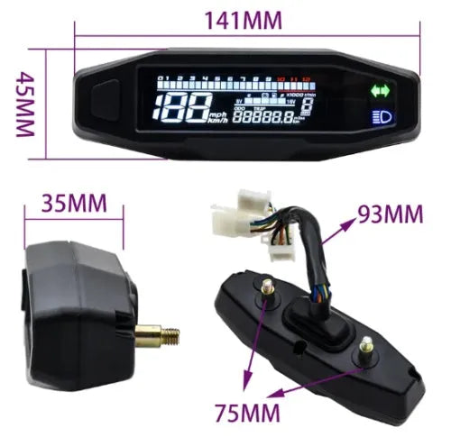 Black motorcycle mini speedometer LCD display with digital readouts for speed, RPM, and fuel level.
