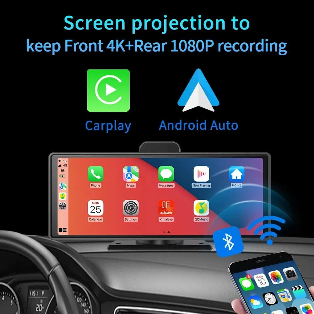12-inch touch screen car dash cam unit for front and rear recording with wireless CarPlay.
