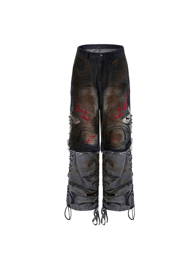 Men's retro jeans with detachable legs showing mid-high waist and loose fit wide-leg design
