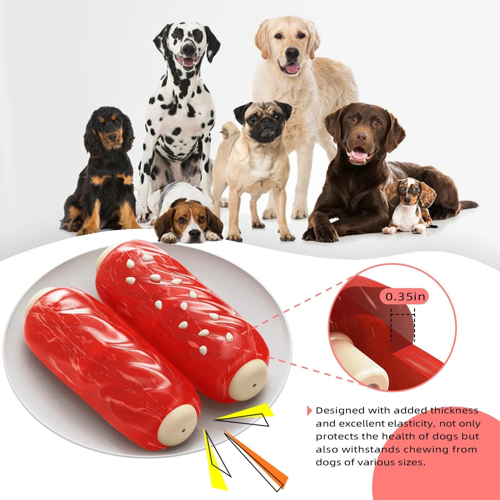 Primary colour plastic dog chew toy with glue toothbrush design and molar rod sections