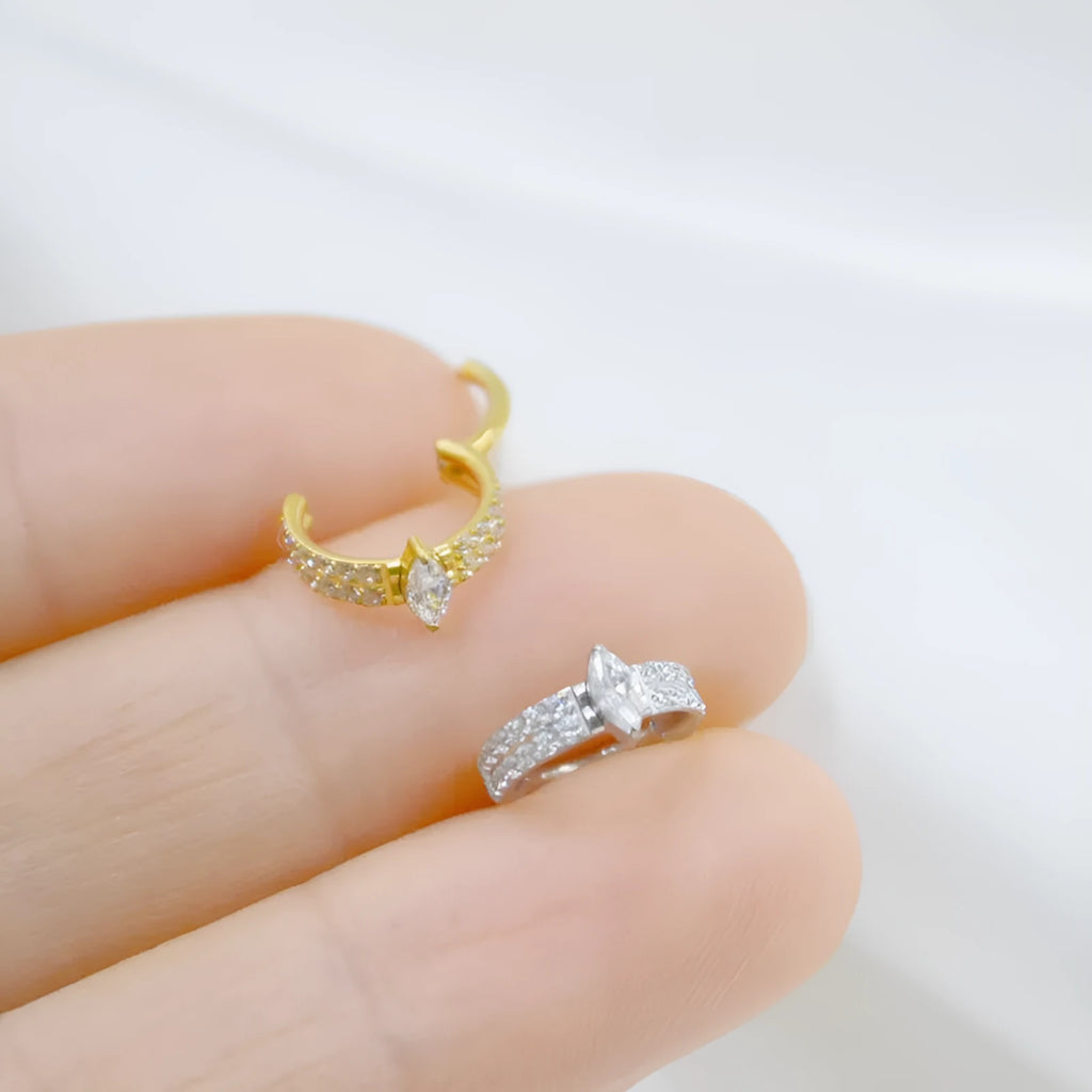 Gold and silver titanium steel heart earrings with zircon stones measuring 1.2x8mm