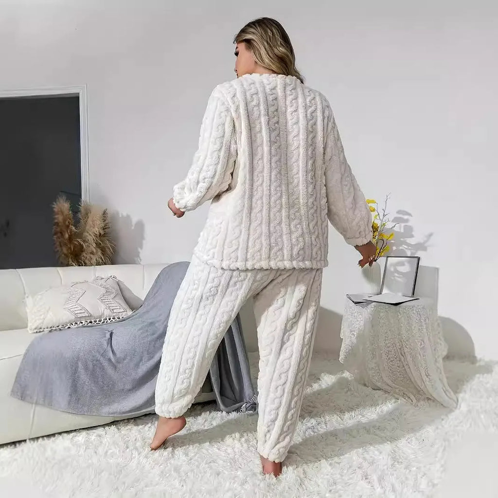 Women's creamy white polyester lounge set with crew neck top and matching trousers
