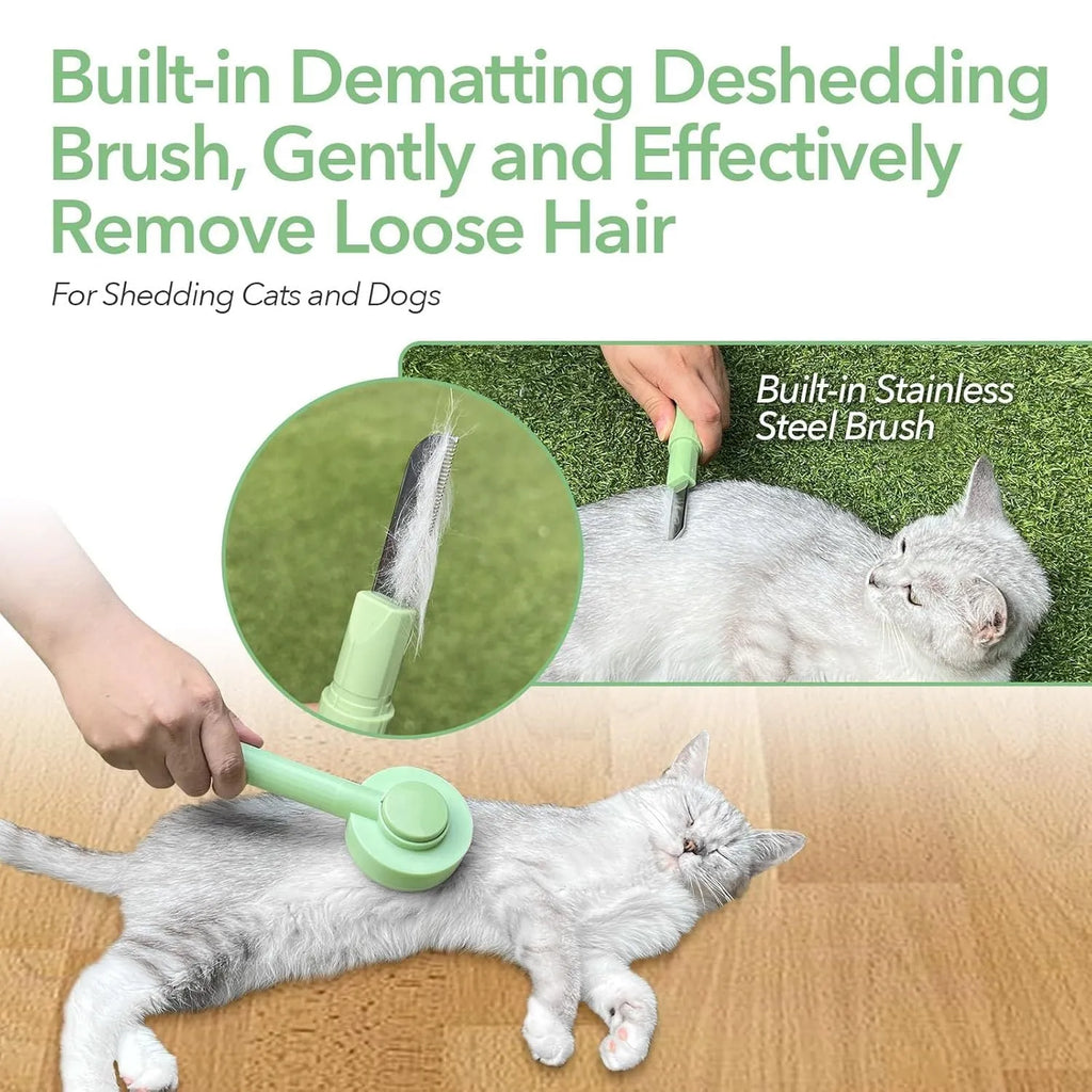 Green and yellow 2-in-1 pet grooming brush with curved teeth for long haired cats and shedding pets