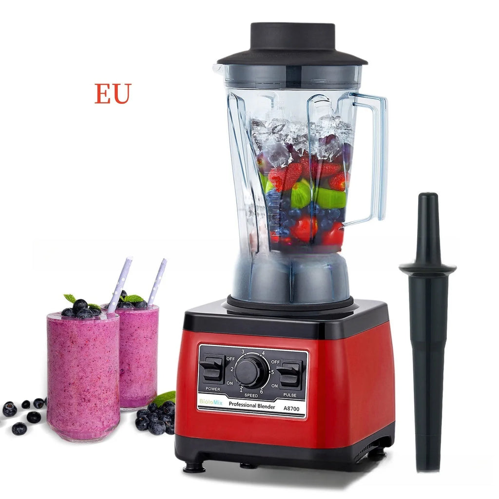 Red industrial-style commercial blender with 2200W motor and 2-litre jug.