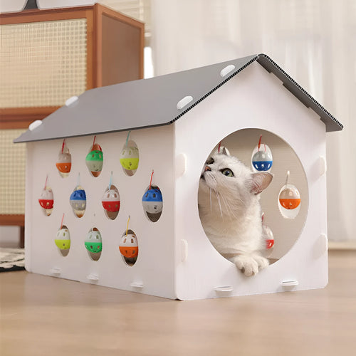 Plastic cat scratch board nest with hanging bell ball toy and tunnel passage