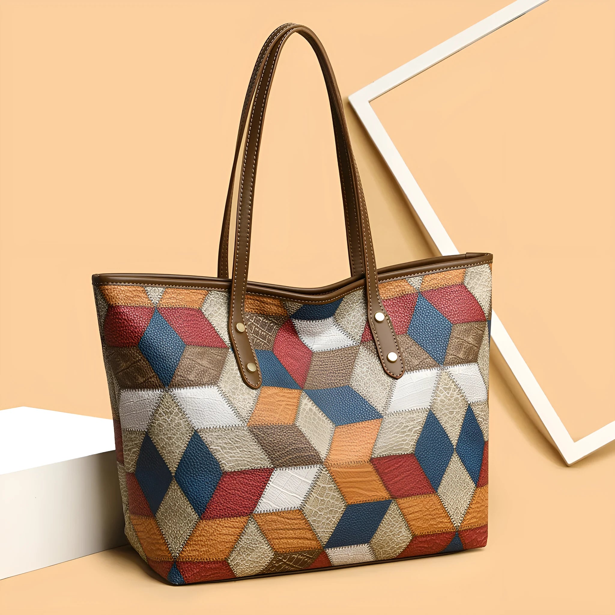 Women's PVC large capacity shoulder handbag with sandwich pocket outer design in blue brown colour