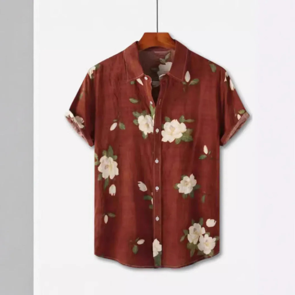 Hawaiian floral print short sleeve shirt with lapel design on elastic polyester fabric