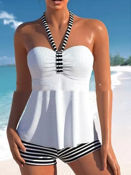Women's black and white striped off-shoulder swimsuit briefs set