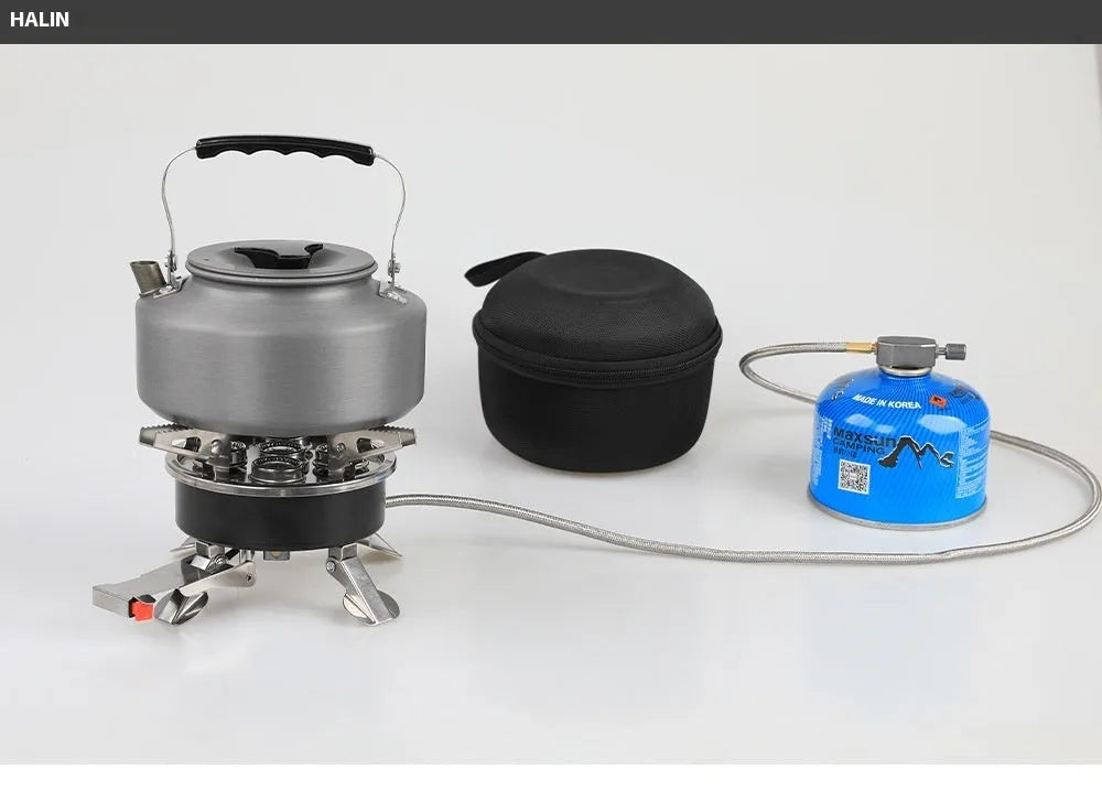 Silver portable split camping stove with extended hose shown folded and unfolded for outdoor cooking