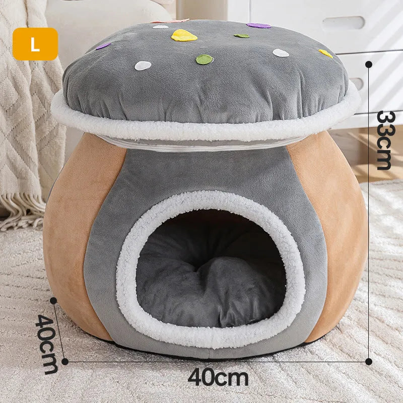 Grey mushroom-shaped plush cat bed with a detachable design and included blanket.