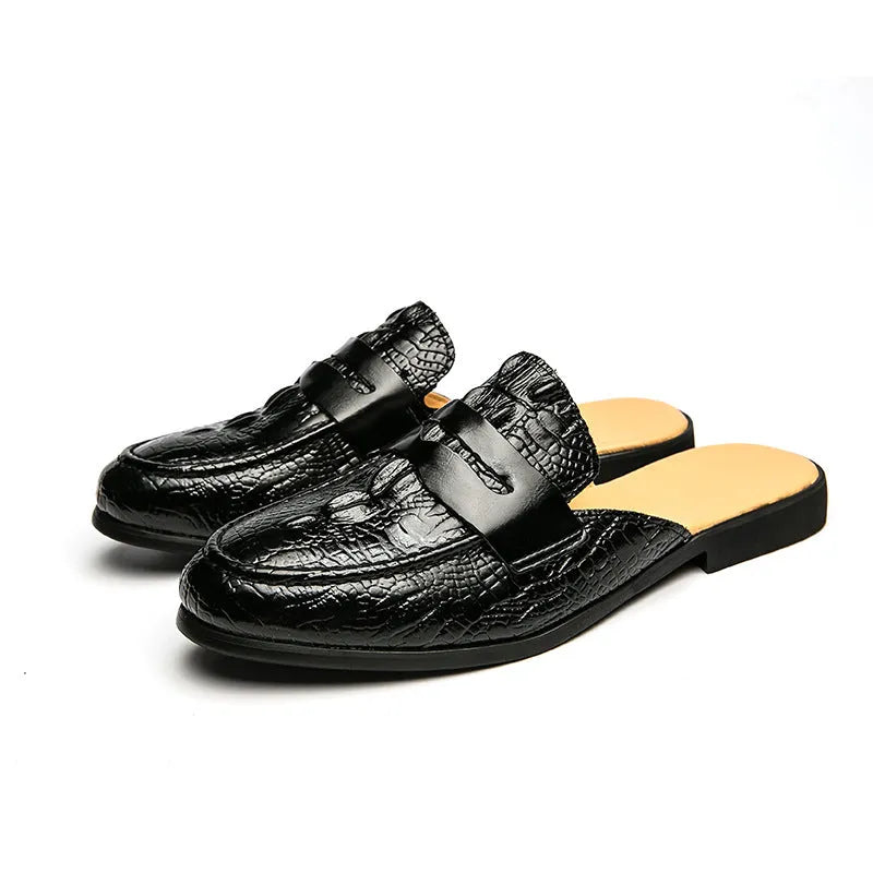 Men's closed toe half-support crocodile pattern PU leather slippers in black, side view